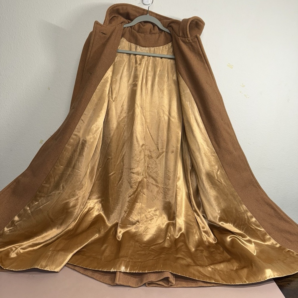 Vintage Hooded Wool Coat Camel Brown Long Lined Trench Women's Mid-Century PICS* - Picture 10 of 16